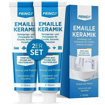Abbildung von PRINOX® 2x 150ml Reinigungs und Polierpaste für Emaille, Keramik, Porzellan, Glaskeramik, Mineralguss Professionelle Badpflege zu Reinigung Pflege von Armaturen Ceranfeld Reiniger