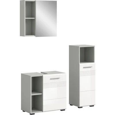 Abbildung von welltime Badmöbel Set &quot;Calicio, bestehend aus: Waschbeckenunterschrank, Spiegelschrank&quot;, (3 St.), Unterschrank, hochwertige MDF Front mit Rillenfräsung