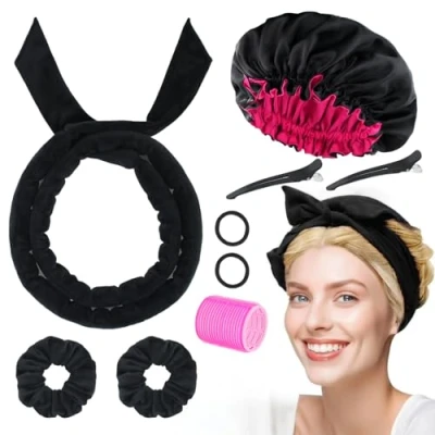 Abbildung von 9 teiliges hitzeloses Lockenwickler Stirnband Set, Velours, hitzefreie Locken, weich und bequem, Lockenwickler, keine Hitze für Haare zum Selbermachen (Schwarz, Stück)