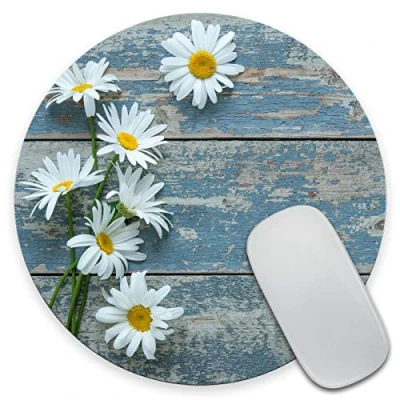 Abbildung von JIMOWANG Daisy Flowers On Old Wooden Mouse Pad for Desk with Non Slip Rubber Base Office Computer Round Mousepad Mat Home Accessories