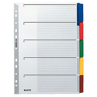Abbildung von Leitz Register für A4, Deckblatt und 5 Trennblätter, Lochrand bunte Taben folienverstärkt (Mylar), Grau, Karton, 43200000