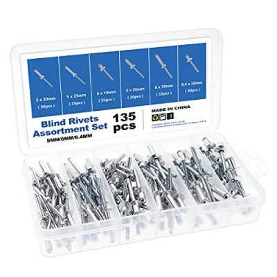Abbildung von Gueenky 135 Stück Nieten Aluminium 5/6/6,4 mm, 6 Größen Silber Blindnieten Set Popnieten Sortiment mit Aufbewahrungsbox für Metall Holz Kunststoff