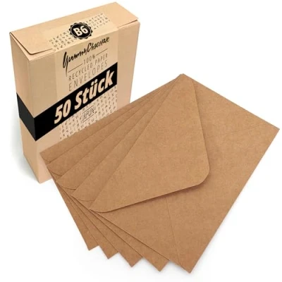 Abbildung von Japun Briefumschläge (50 Stück) aus Kraft Papier, Kuvert, Umschlag ohne Fenster DIN B6 175 x 125 mm braun