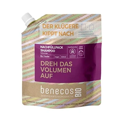 Abbildung von benecosBIO Nachfüllbeutel Shampoo VOLUMEN BIO Traube DREH DAS AUF vegan recyceltes Plastik