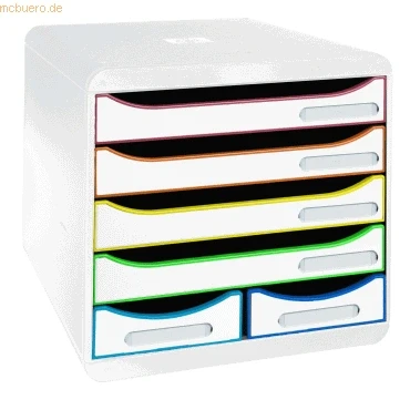 Abbildung von Exacompta 312913D Ablagebox Harlekin aus Recycling Kunststoff mit 4 Schubladen für DIN A+ und 2 Utensilien. Belastbare Schubladenbox mehr Platz. Blauer Engel Big Box Maxi weißbunt