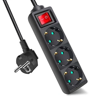 Abbildung von EXTRASTAR Steckdosenleiste mit 3 Steckdosen und Schalter, Kabel 1,5 m, für Zuhause, Büro Reisen, max. 3680 W, 16 A, 250 V, Schwarz, 1 Stück