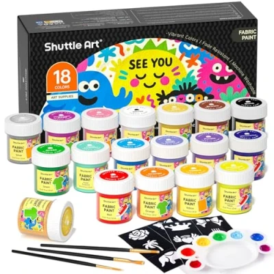 Abbildung von Shuttle Art Textilfarben Waschmaschinenfest 18x20ml Set waschfest Stoffmalfarben inkl. Gold &amp; Silber, 3 Pinsel 12 Vorlagen Für T Shirt, Jeans Stoffe Zum Malen auf dunklen und hellen Stoffen