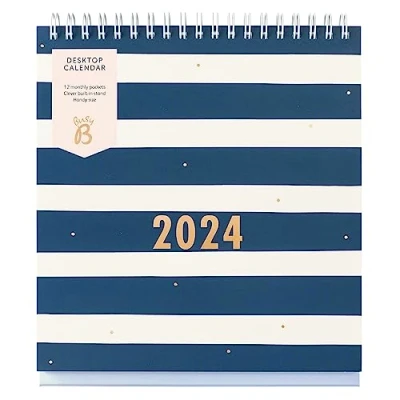 Abbildung von Busy B Tischkalender von Januar bis Dezember 2024 Marineblau Streifen Schreibtischplaner mit Steckfächern und integriertem Ständer. Perfekt für Büro Schreibtischorganisation, Klein