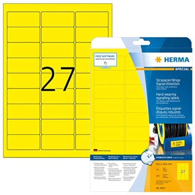 Abbildung von HERMA 8031 Wetterfeste Folienetiketten, 800 Blatt, 63,5 x 29,6 mm, 27 pro A4 Bogen, 21600 Stück, selbstklebend, bedruckbar, matt, blanko Outdoor Signal Etiketten Aufkleber aus Folie, gelb