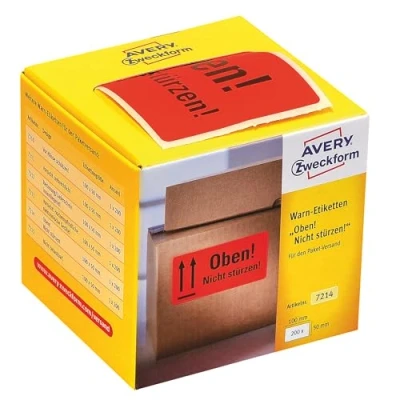 Abbildung von AVERY Zweckform Warnetiketten 7214 Oben Nicht stürzen (200 Etiketten auf Rolle im Kartonspender,100 x 50 mm, selbstklebend, für Versand von Paketen, Briefen, Päckchen und Umzüge) neon rot