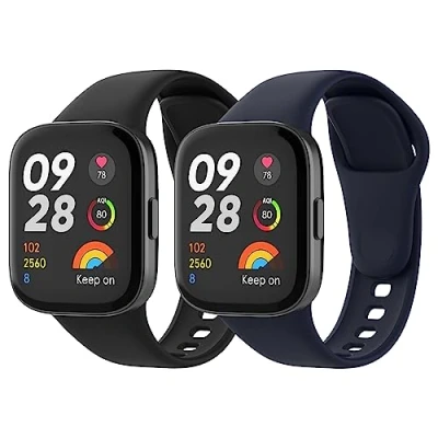 Abbildung von MoKo 2 Stück Armband Kompatibel mit Xiaomi Redmi Watch 3, Weiches Silikon Ersatzarmband Sportarmband Uhrenarmband, Schwarz/Tintenblau