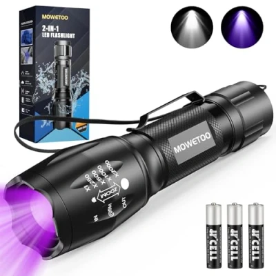 Abbildung von MOWETOO Taschenlampe, UV Lampe 2 in 1 Schwarzlichtlampe, 395nm Ultraviolette 4 Modi, Detektor für Unechte Banknoten, Urin von Hunde und Andere Haustiere Detektor, Inklusive 3 AAA Batterien 40W