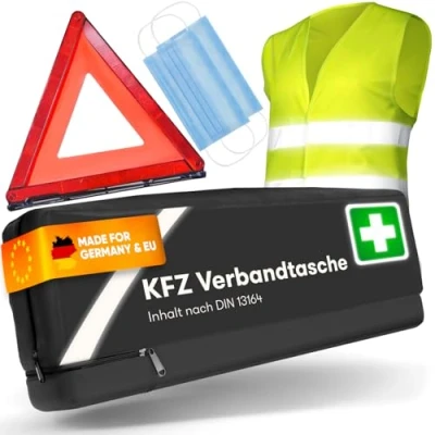 Abbildung von Kfz Kombitasche nach aktueller Norm 2025 DIN 13164 (StVO konform) Inkl. Warndreieck, Warnweste Verbandskasten Auto Warndreieck Erste Hilfe Set