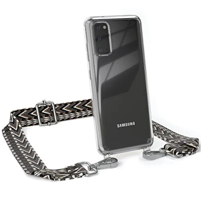 Abbildung von EAZY CASE Handykette Verstellbarer Gurt kompatibel mit Samsung Galaxy S20 / 5G, Schulterriemen, Flache Kordel, Handykordel Hülle, Hülle Kette, Anthrazit/Schwarz Metall Silber