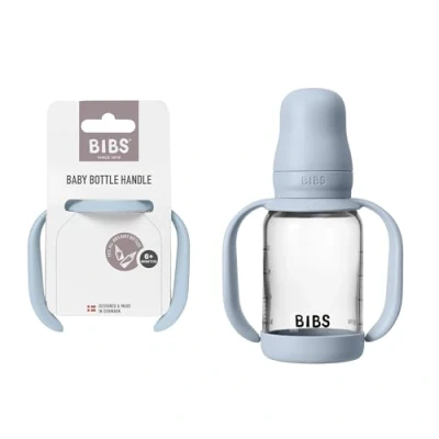 Abbildung von Bibs Babyflaschengriff Einfacher &amp; bequemer Griff rutschfeste Oberfläche BPA frei spülmaschinenfest Babyflaschenzubehör Alter 6+ Monate Babyblau
