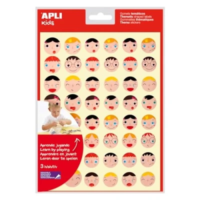 Abbildung von APLI Kids 18770 Beutel mit 144 Emotions Gesichtern in 2 Größen, abnehmbarer Kleber, 3 Blatt