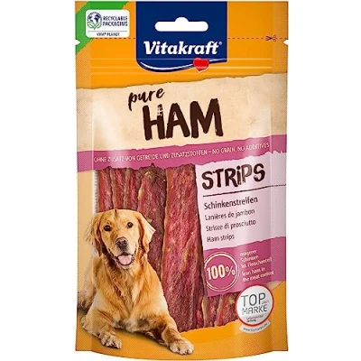 Abbildung von Vitakraft Pure Ham Strips, Hundeleckerli, Schinkenstreifen mit Schweinefleisch, Hunde Trainingsleckerli, ohne Zusatz von Zucker (1x 80g)