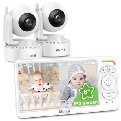 Abbildung von Blemil Babyphone, Video Babyphone mit 2 Kameras und Audio, 6 IPS große Split Screen Fernbedienung Schwenk/Neige/Zoom Videomonitorkameras klarer Nachtsicht 30hours Batterielaufzeit