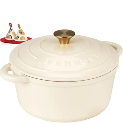 Abbildung von Overmont Bräter Emaille Gusseisen Topf Schmortopf 26cm backofengeeignet mit Deckel und Kochbuch für Küche Backen Schmoren Braten Weiß