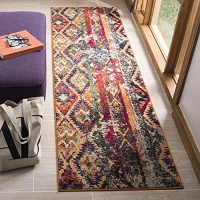 Abbildung von Safavieh Boho Teppich für Wohnzimmer, Esszimmer, Schlafzimmer Monaco Collection, Kurzer Flor, Lila und Orange, 80 x 180 cm