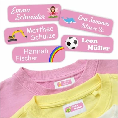 Abbildung von Indigos UG Namensschilder für Kleidung rosa 35x10mm 60 Stück Namensaufkleber Kinder Schule &amp; Gegenstände, Kindergarten, KITA Wäscheetiketten selbstklebend