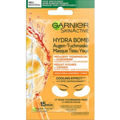 Abbildung von Garnier Augen Tuchmaske, Feuchtigkeitsspendend, Gegen dunkle Augenringe, Reduzierung von Tränensäcken, Vegane Formel mit Orangen Extrakt und Hyaluronsäure, Hydra Bomb, 6 g
