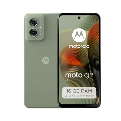 Abbildung von Motorola Moto g55 5G Smartphone (6,49&quot; FHD+ Display, 50 MP Kamera, 8/256 GB, 5000 mAh, Android 14) Smoky Green (Veganes Kunstleder), inkl. Schutzcover [Exklusiv bei Amazon]