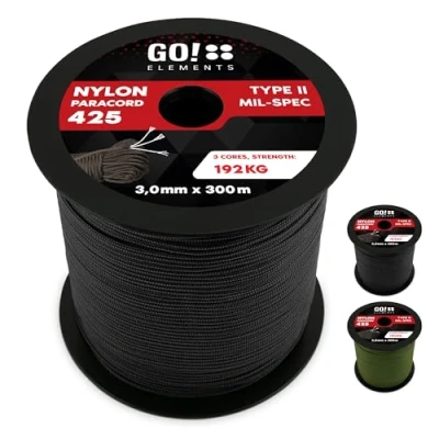 Abbildung von GO!elements 300m Paracord Seil aus reißfestem Nylon 3mm 425 Typ II max. 192kg Schnüre als Outdoor Seil, Allzweckseil, Survival Armband, Hundeleine, Nylonschnur, Farbe: Schwarz