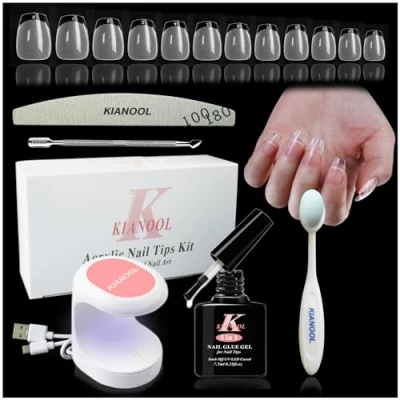 Abbildung von Ballerina Nagel Tips Set And Glue Gel Kit, 552 Stück Nageltips Kurz X Nail Tips, 5 In 1 Kleber Mit Mini UV Lampe für Nägel, Full Cover Gelnägel, Soft Acryl Nagelset Coffin