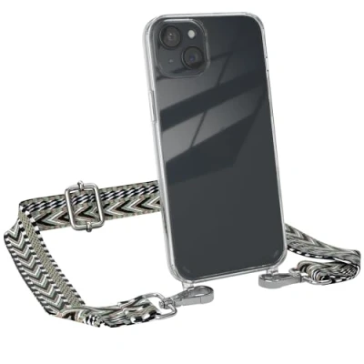 Abbildung von EAZY CASE Handykette mit verstellbarem Trageriemen für iPhone 15 Plus Taschengurt zum Wechseln transparenter Handyhülle Hülle dünner Schulterriemen in Grün Schwarz Silber