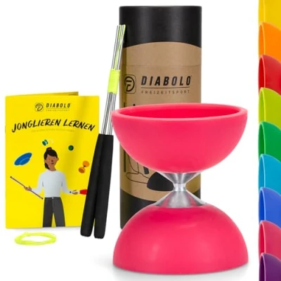 Abbildung von Diabolo Set Basic (pink) mit starrer Achse. Handstäbe. Ersatzschnur. Anleitung