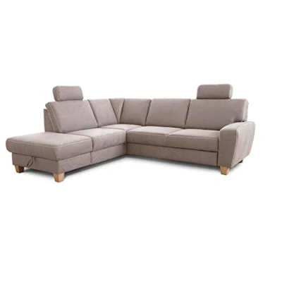 Abbildung von Cavadore Ecksofa Wisconsin mit Bettfunktion / Schlafsofa Federkern in Lederoptik Inkl. 2 Kopfstützen + Stauraum Landhausstil Holzfüße Buche Mikrofaser 248 x 88 215 cm Hellgrau