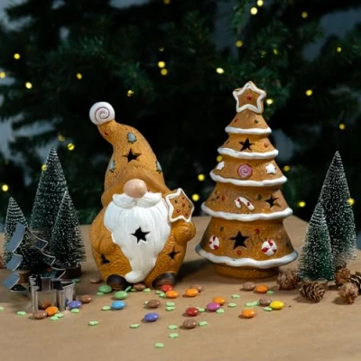 Abbildung von Keramik LED Figur 2er Set Wichtel und Weihnachtsbaum Weihnachtsdeko Tisch Deko Dekofigur