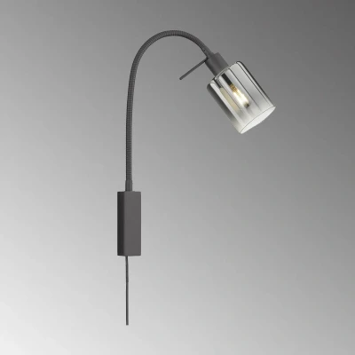 Abbildung von Fischer &amp; Honsel Wandspot flex, Bettleuchte, Iska sandschwarz Glas rauchfarben zu klar B: 8,50 cm, H: 40,00 Ausl. Wand: 35,00 cm Schnurschalter 1x E14 max. 10,0 Watt 30439