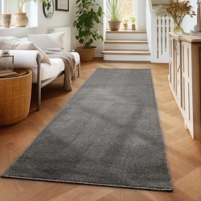 Abbildung von Einfabiger Teppich Wohnzimmer Läufer Flur Grau Schlafzimmer Küchenteppich Waschbar Kurzflor Esszimmer Extra Weich &amp; Soft, Größe: 80 x 150 cm