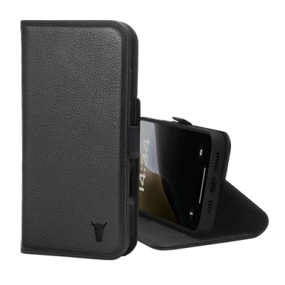 Abbildung von TORRO Hülle kompatibel mit iPhone 16+ Plus Echt Leder Standfunktion und Kartenfächern (kompatibel Offiziellen MagSafe Ladegeräten) Schwarz