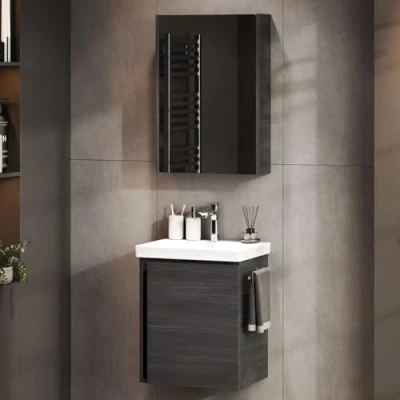Abbildung von Planetmöbel Waschbeckenunterschrank mit Keramikwaschbecken &amp; Spiegelschrank 50cm in Anthrazit, modernes Badmöbel Set für Badezimmer WC