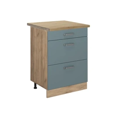 Abbildung von Vicco Küchenunterschrank R Line, Blau Grau/Goldkraft Eiche, 60 cm mit Schubladen, AP Eiche