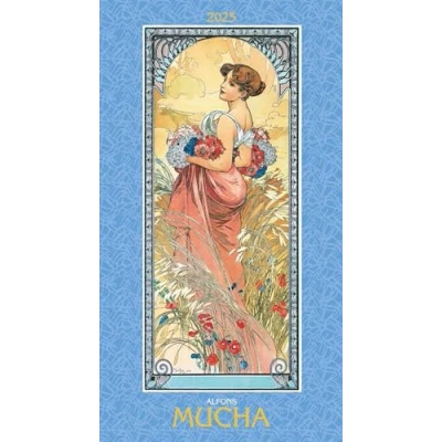 Abbildung von Alpha Edition Alfons Mucha 2025 Bildkalender, 33x60cm, Kunstkalender mit hochwertigen Kunstdrucken für jeden Monat, stilvollem Glitzereffekt und internationalem Kalendarium