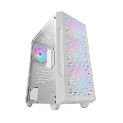 Abbildung von MARSGAMING MC GEO, Gaming ATX Gehäuse, 4X FRGB Rainbow 12cm Lüfter, Geometrisches Mesh Frontpanel, Fenster Gehärtetem Glas, PC Midi Tower Doppelkammer Design, Unterstützung für Wasserkühlung, Weiß