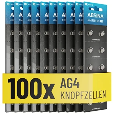 Abbildung von ABSINA AG4 LR66 Knopfzelle 100er Pack 1,5V Alkaline Knopfzellen auslaufsicher &amp; mit Langer Haltbarkeit SG4 / V4GA G4A 4GA L626 LR626 Knopfbatterien Batterien Batterie Uhrenbatterien