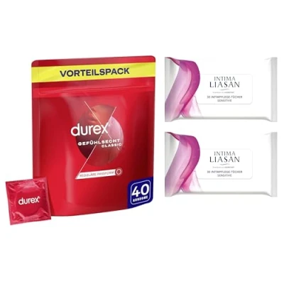 Abbildung von Durex Gefühlsecht Kondome, hauchzartes Kondom für intensives Empfinden, 40 Stück + Sagrotan Intima Liasan Pflegetücher 60
