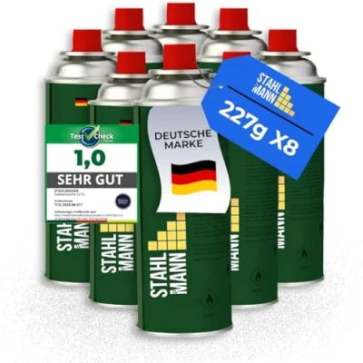 Abbildung von STAHLMANN® Gaskartuschen 227g [Made in EU] Butangas Kartusche mit MSF 1a Ventil für Campingkocher, Grill, Gaskocher, Gasheizung,Unkrautbren (8X 227g)