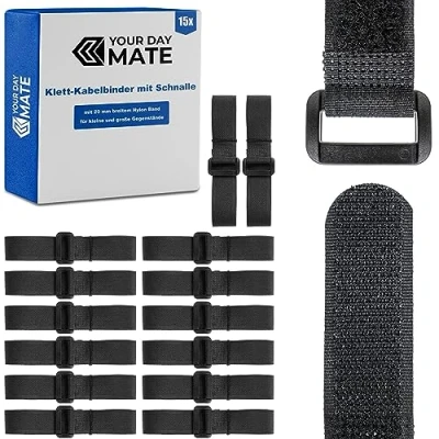 Abbildung von Klett Kabelbinder mit Schnalle, 15 Stück, 20 cm Länge, in Schwarz, Kabelklett aus Nylon, Schnallenklettband, wiederverschließbare Kabelorganisation, Verschluss, Klemme Kabel Band
