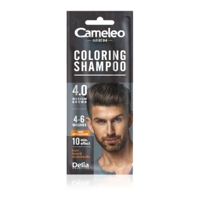 Abbildung von Cameleo Men Färbendes Shampoo Mittel Braun Haare, Bart, Schnurrbart Erfrischt Hält 4 bis 6 Haarwäschen Einfache und schnelle Anwendung Walnussextrakt 15 ml