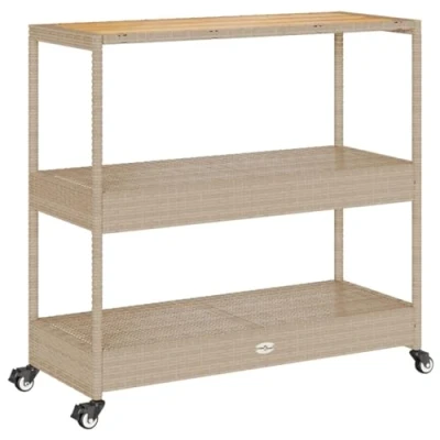 Abbildung von vidaXL Barwagen 3 Böden, Servierwagen mit Rollen Stahlgestell, Rollwagen für Küche Garten Esszimmer, Küchenwagen Küchenregal, Beige Poly Rattan Massivholz Akazie