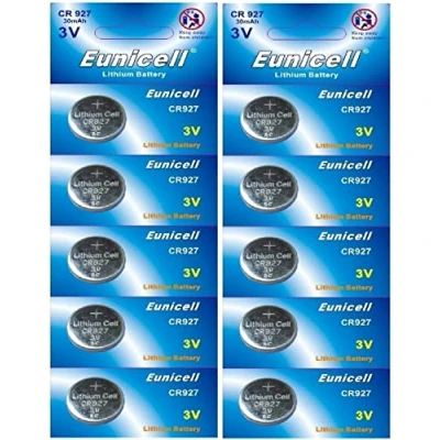 Abbildung von 10 x CR927 3V Lithium Knopfzelle 30 mAh (2 Blistercards a 5 Batterien) EINWEG Markenware Eunicell