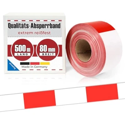 Abbildung von Absperrband 500m x 80 mm Flatterband rot weiß einseitig bedruckt Baustelle Feuerwehr Polizei im Karton extrem reißfest 35 µm Baustellenband rotes Warnband