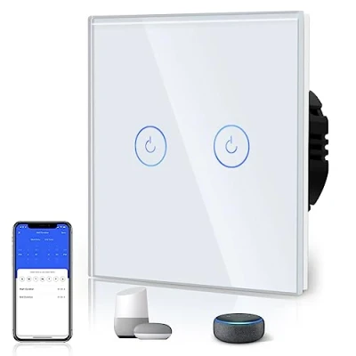 Abbildung von BSEED Smart WiFi Berührungssensorschalter (Neutrale Leitung benötigt) Alexa und Google Home Work mit Tuya Für Office Decoration Kristall Glas Platte Wandlichtschaltern 2 Fach 1 Wag Weiß