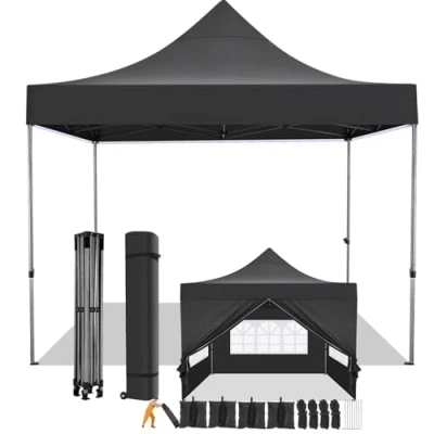 Abbildung von COBIZI Faltpavillon 3x3 Wasserdicht Stabil Winterfest mit Seitenwand,Pop Up Pavillon Partyzelt,Sonnenschutz Gartenpavillon,Pavillon Faltbar Tasche Rollen(3 mal 3m Schwarz)